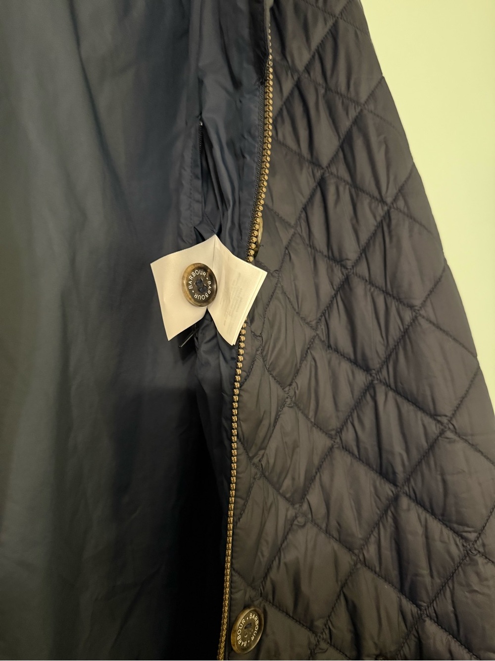 SOLD-Barbour Quilted Puffer Coat in Navy, Corduroy Trim Collar, Detachable Hood - Picture 6 of 7